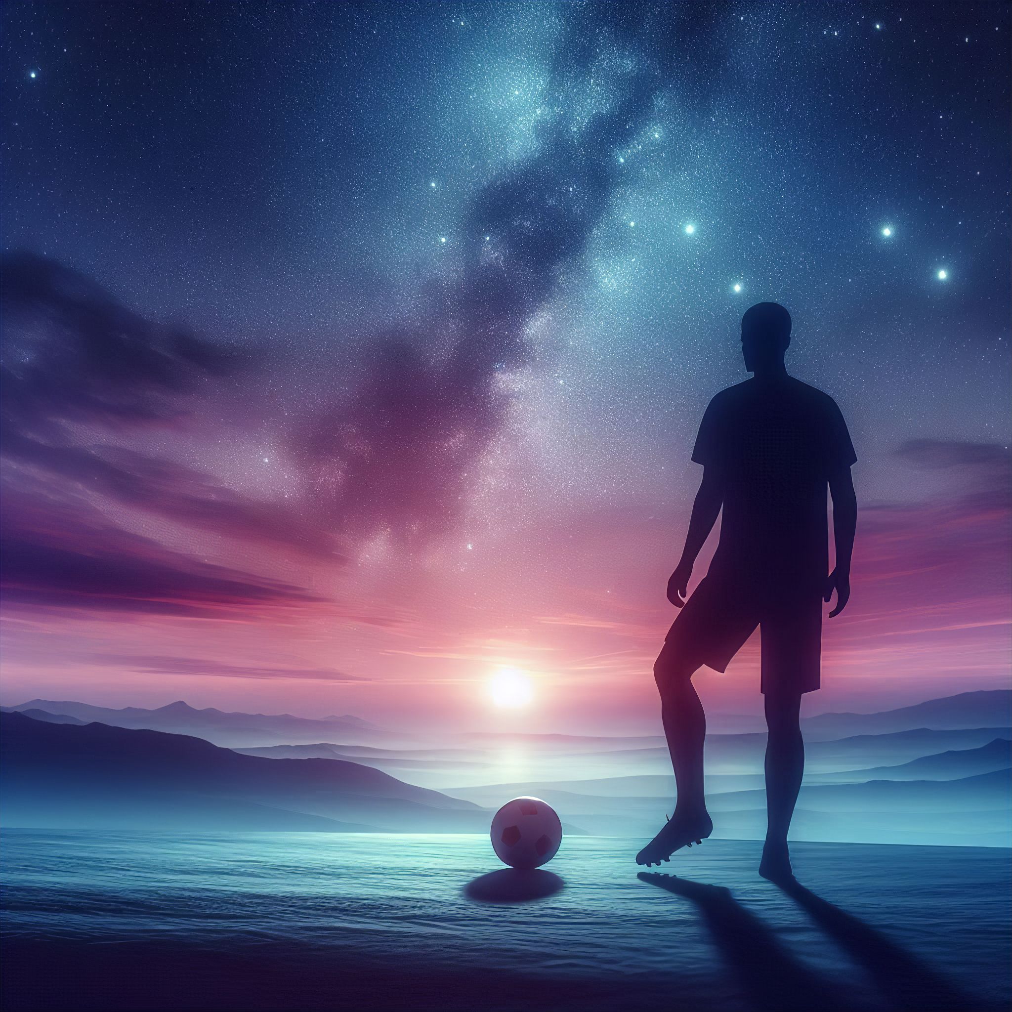 Silhouette of a football player with a ball under a cosmic, starry sky at sunset, representing Goalactic Matchmakers, a football agency made of expert football agents dedicated to helping players reach their full potential.